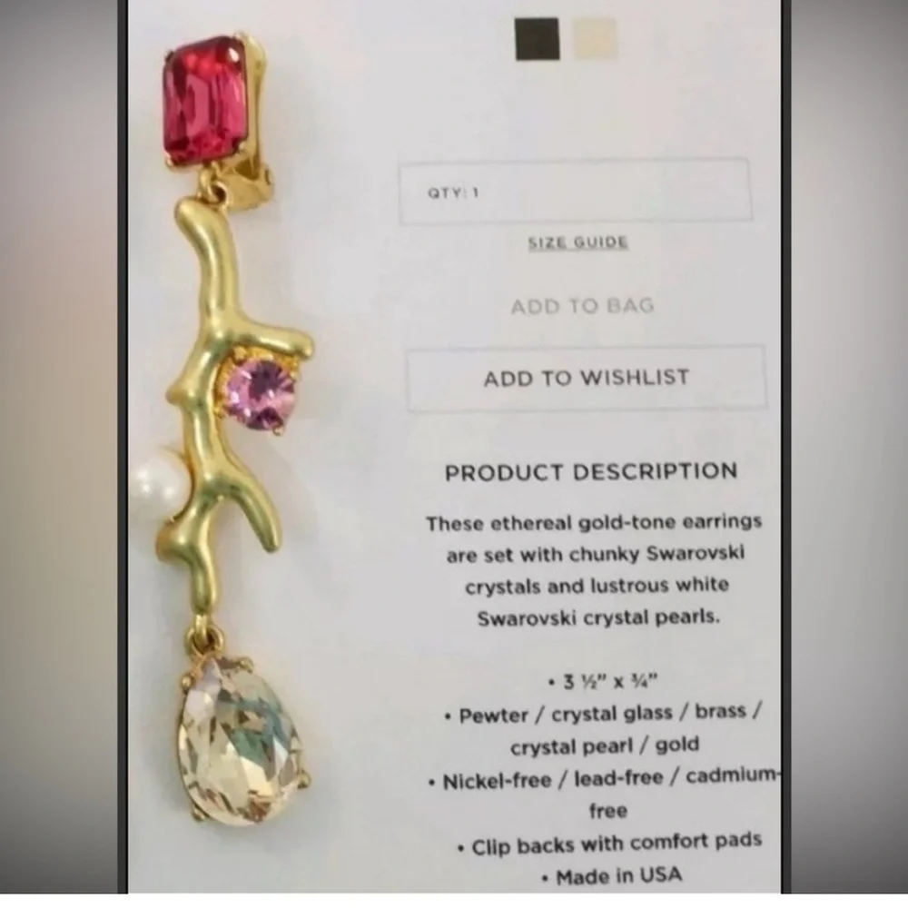 OSCAR de la RENTA Gold Pink Crystal Pearl Flora Branch Drop Earrings Branch